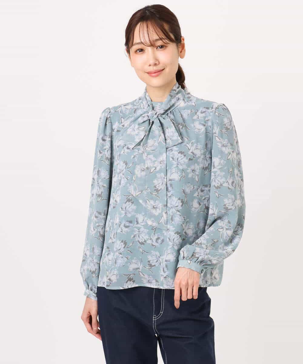FKBGD01140 MK MICHEL KLEIN(MK ミッシェルクラン) ボウタイ付き花柄シフォンブラウス/洗える ミントブルー
