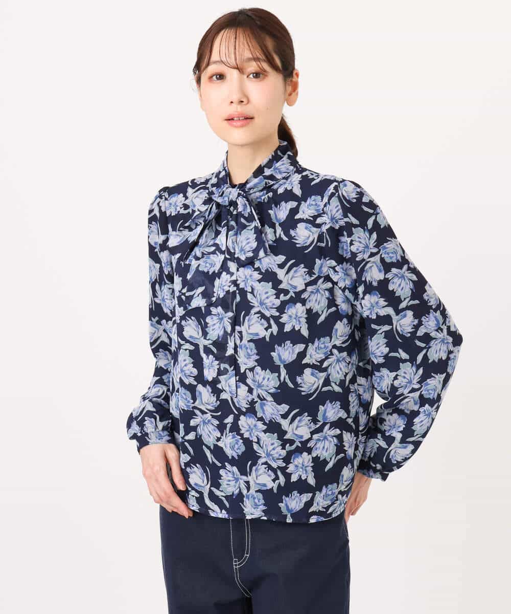 FKBGD01140 MK MICHEL KLEIN(MK ミッシェルクラン) ボウタイ付き花柄シフォンブラウス/洗える ミントブルー