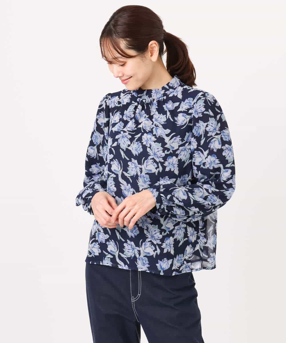 FKBGD01140 MK MICHEL KLEIN(MK ミッシェルクラン) ボウタイ付き花柄シフォンブラウス/洗える ミントブルー