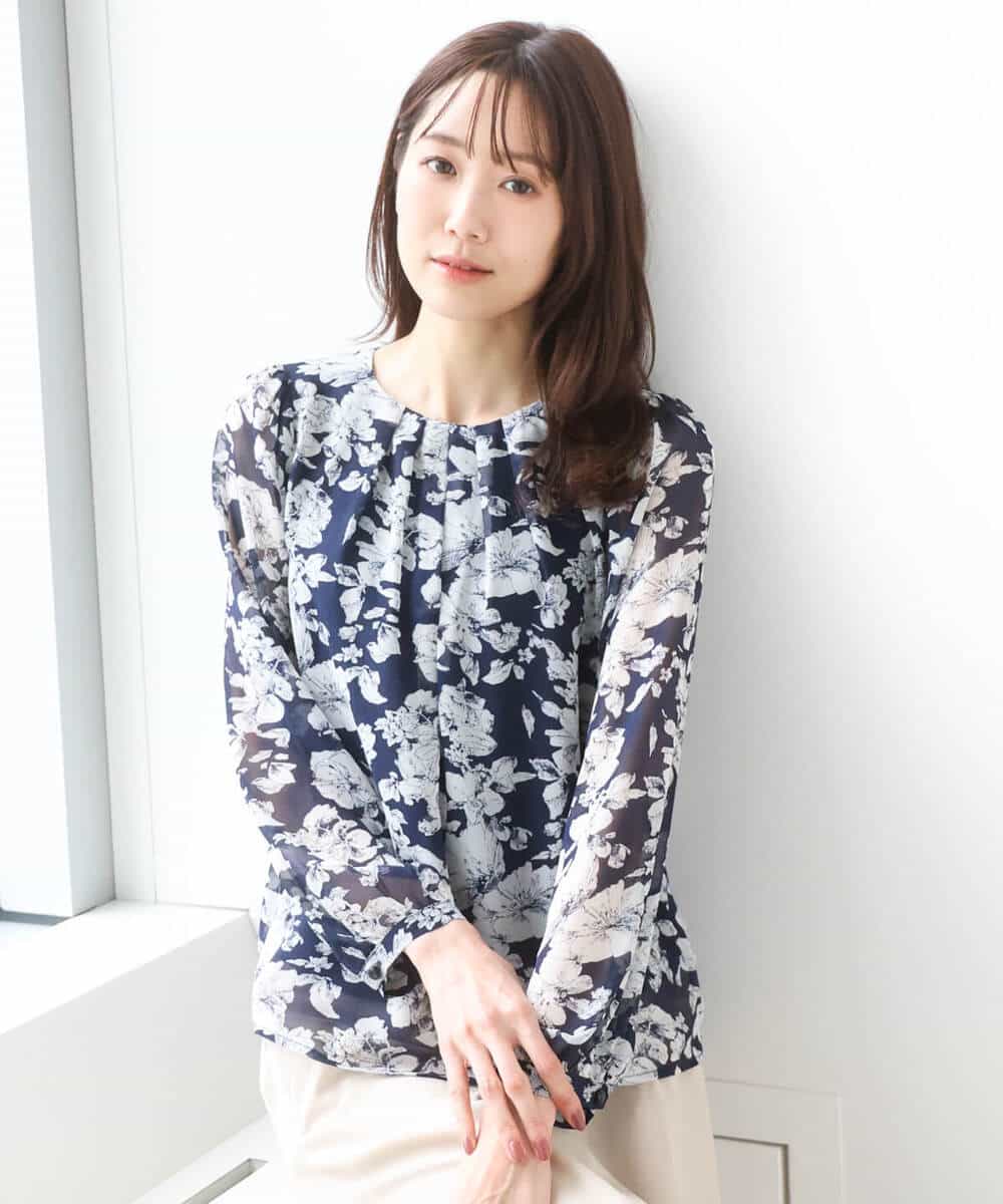 FKBGD03140 MK MICHEL KLEIN(MK ミッシェルクラン) 花柄シフォンブラウス/洗える ネイビー