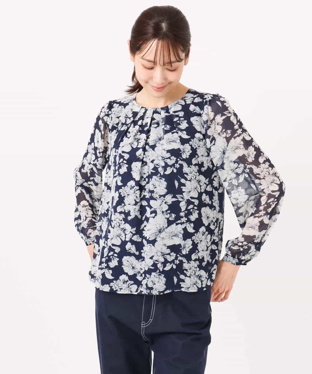 FKBGD03140 MK MICHEL KLEIN(MK ミッシェルクラン) 花柄シフォンブラウス/洗える ネイビー