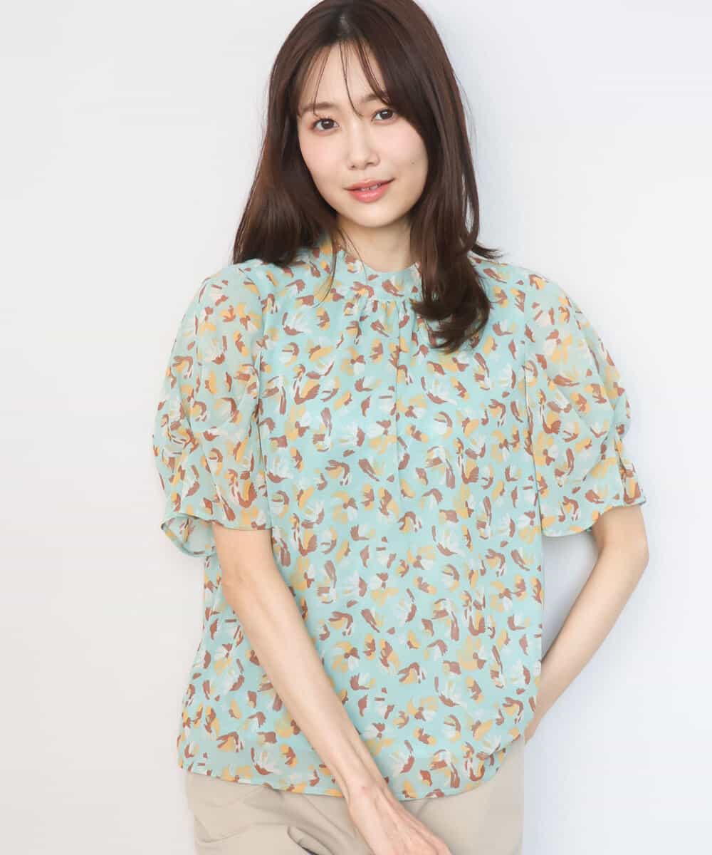 FKBGD05140 MK MICHEL KLEIN(MK ミッシェルクラン) タックスリーブ花柄シフォンブラウス/洗える ミント