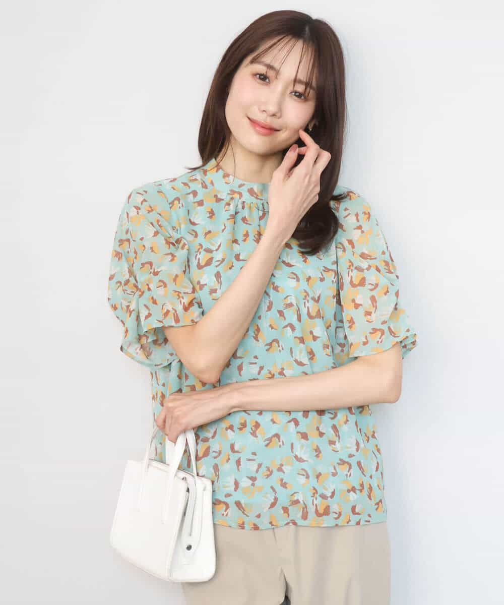 FKBGD05140 MK MICHEL KLEIN(MK ミッシェルクラン) タックスリーブ花柄シフォンブラウス/洗える ミント