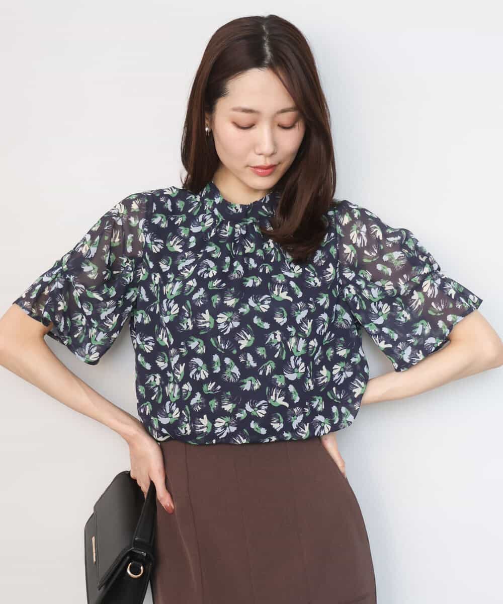 FKBGD05140 MK MICHEL KLEIN(MK ミッシェルクラン) タックスリーブ花柄シフォンブラウス/洗える ネイビー