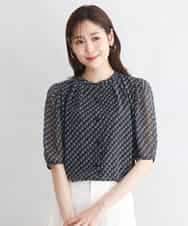 FKBGD06140 MK MICHEL KLEIN(MK ミッシェルクラン) [洗える]幾何柄バンドカラー五分袖ブラウス ブラック