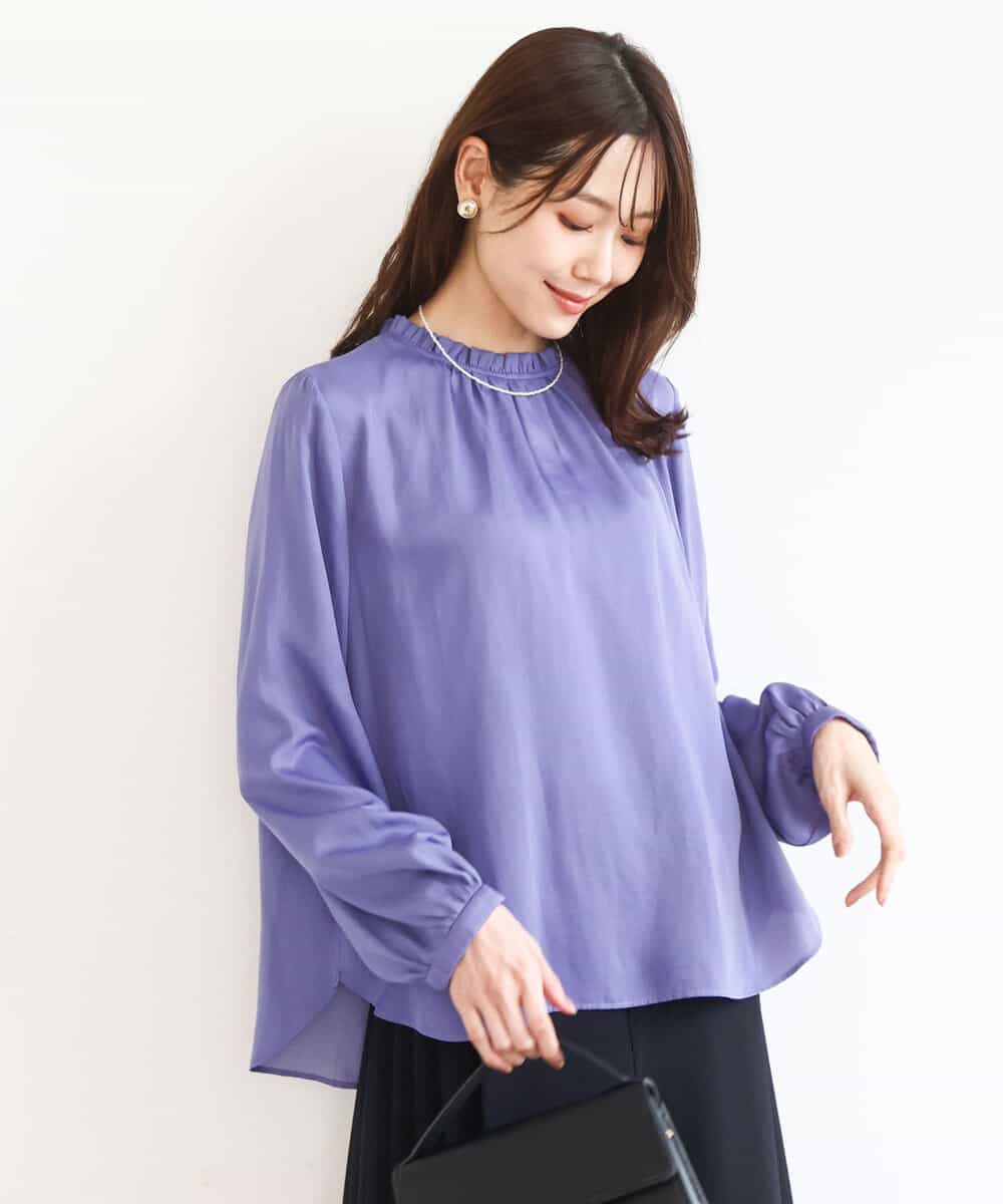FKBGD23140 MK MICHEL KLEIN(MK ミッシェルクラン) サテンフリルネックブラウス/接触冷感/UVカット/洗える パープル
