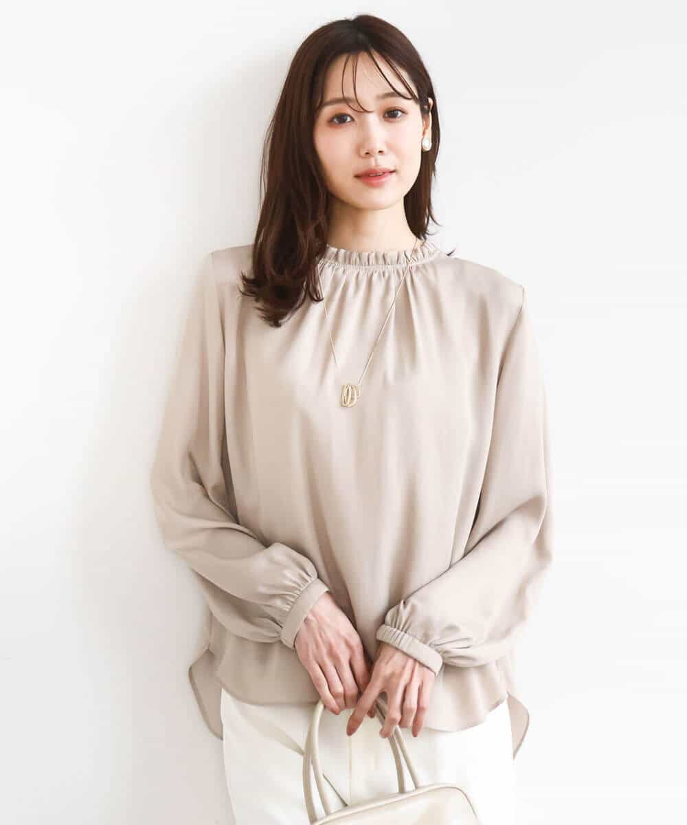 FKBGD23140 MK MICHEL KLEIN(MK ミッシェルクラン) サテンフリルネックブラウス/接触冷感/UVカット/洗える ダークグレー