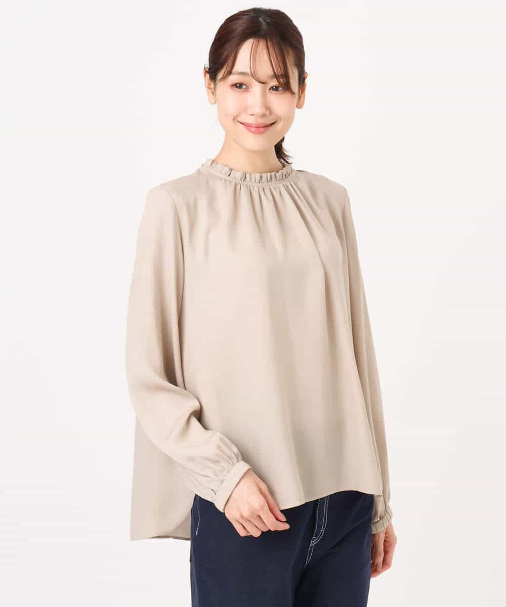 FKBGD23140 MK MICHEL KLEIN(MK ミッシェルクラン) サテンフリルネックブラウス/接触冷感/UVカット/洗える ダークグレー