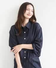 FKBGD30150 MK MICHEL KLEIN(MK ミッシェルクラン) [SANAGARAシリーズ]デニムライク クロップド丈シャツブラウス/接触冷感/UVカット/洗える ネイビー