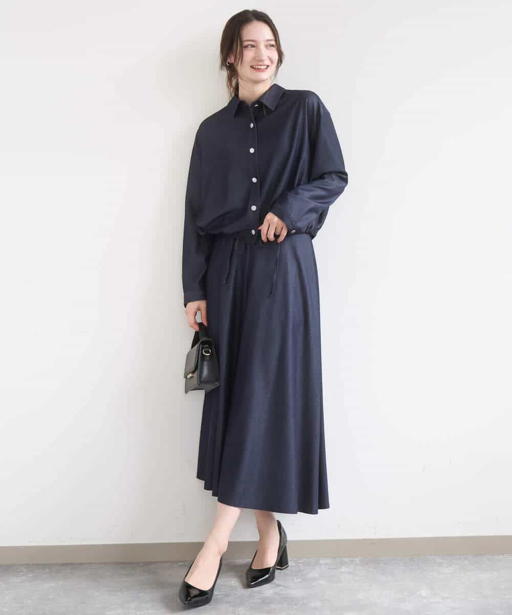 FKBGD30150 MK MICHEL KLEIN(MK ミッシェルクラン) [SANAGARAシリーズ]デニムライク クロップド丈シャツブラウス/接触冷感/UVカット/洗える ネイビー