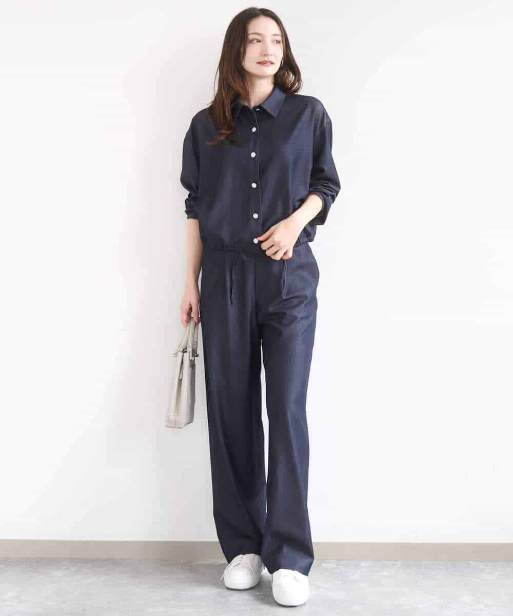 FKBGD30150 MK MICHEL KLEIN(MK ミッシェルクラン) [SANAGARAシリーズ]デニムライク クロップド丈シャツブラウス/接触冷感/UVカット/洗える ネイビー