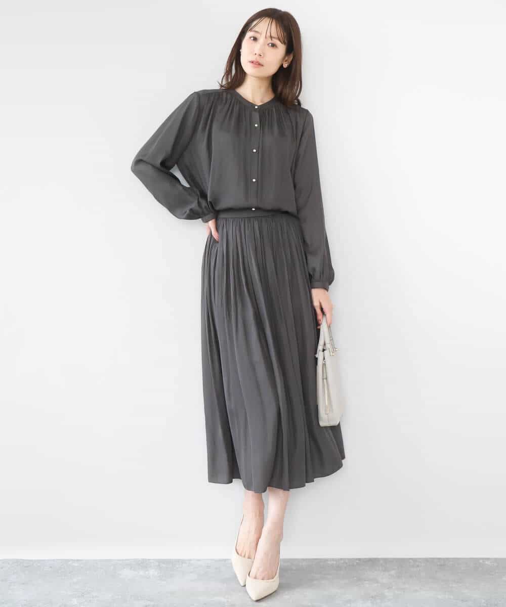 FKBGD35140 MK MICHEL KLEIN(MK ミッシェルクラン) バンドカラーサテンブラウス/接触冷感/UVカット/洗える ベージュ