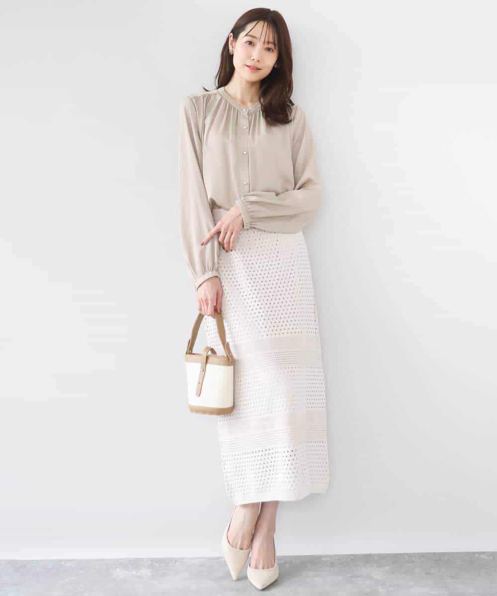 FKBGD35140 MK MICHEL KLEIN(MK ミッシェルクラン) バンドカラーサテンブラウス/接触冷感/UVカット/洗える ベージュ