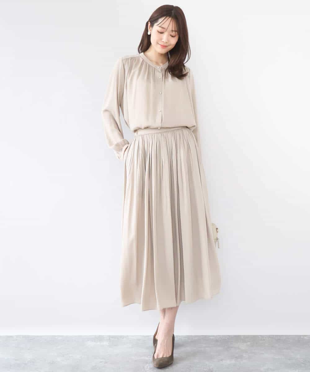 FKBGD35140 MK MICHEL KLEIN(MK ミッシェルクラン) バンドカラーサテンブラウス/接触冷感/UVカット/洗える ベージュ