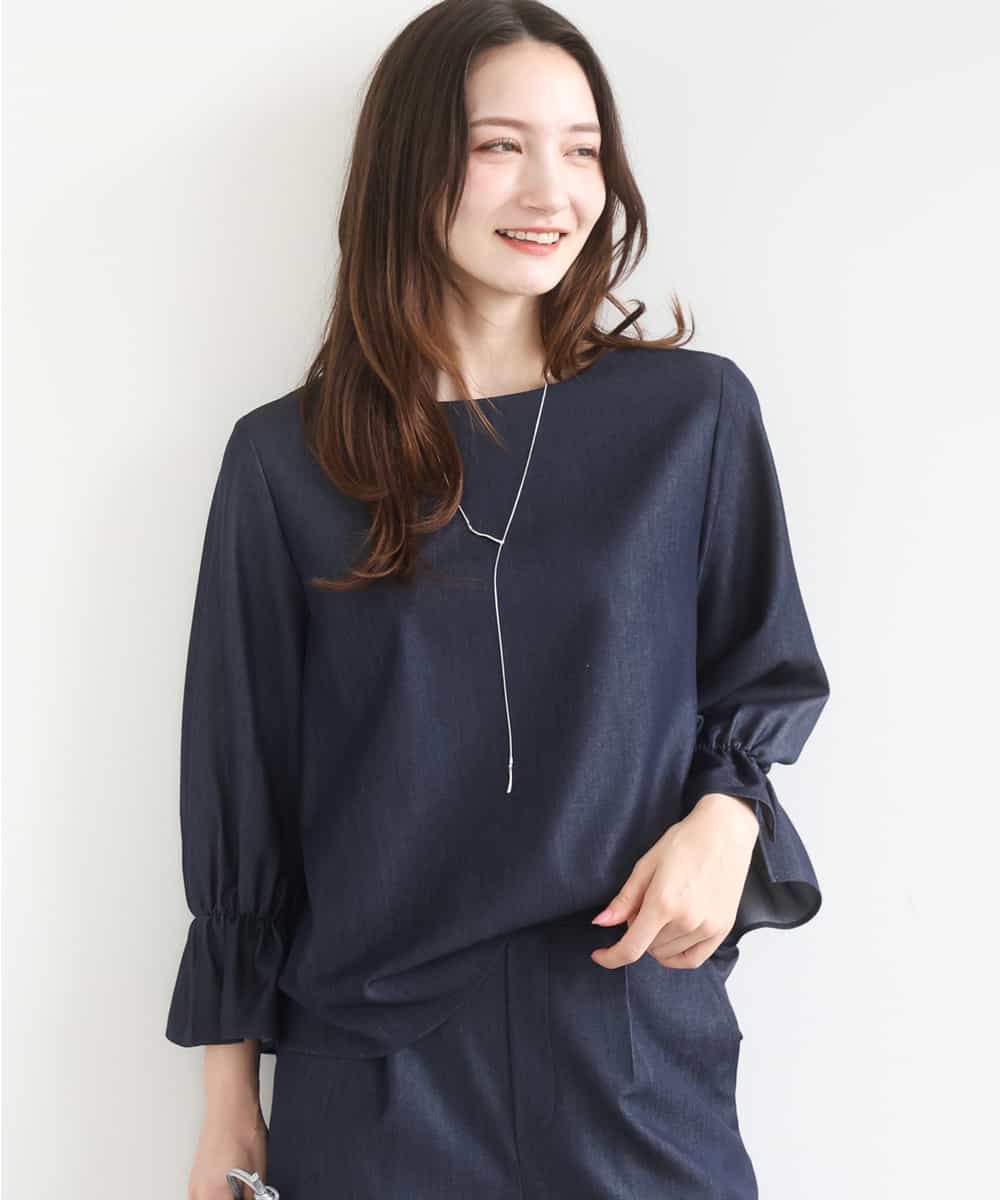 FKBGD36140 MK MICHEL KLEIN(MK ミッシェルクラン) [SANAGARAシリーズ]デニムライク キャンディースリーブブラウス/接触冷感/UVカット/洗える ネイビー