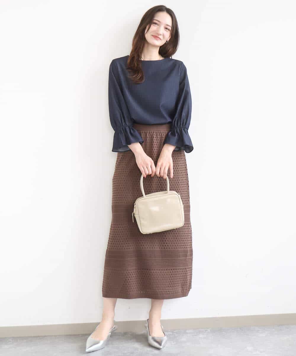 FKBGD36140 MK MICHEL KLEIN(MK ミッシェルクラン) [SANAGARAシリーズ]デニムライク キャンディースリーブブラウス/接触冷感/UVカット/洗える ネイビー