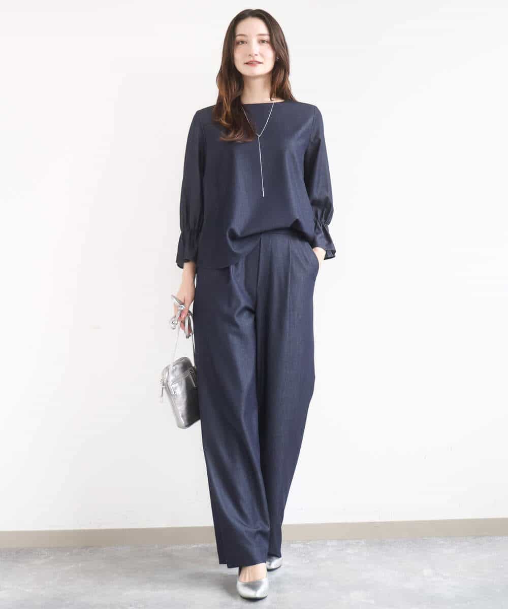 FKBGD36140 MK MICHEL KLEIN(MK ミッシェルクラン) [SANAGARAシリーズ]デニムライク キャンディースリーブブラウス/接触冷感/UVカット/洗える ネイビー