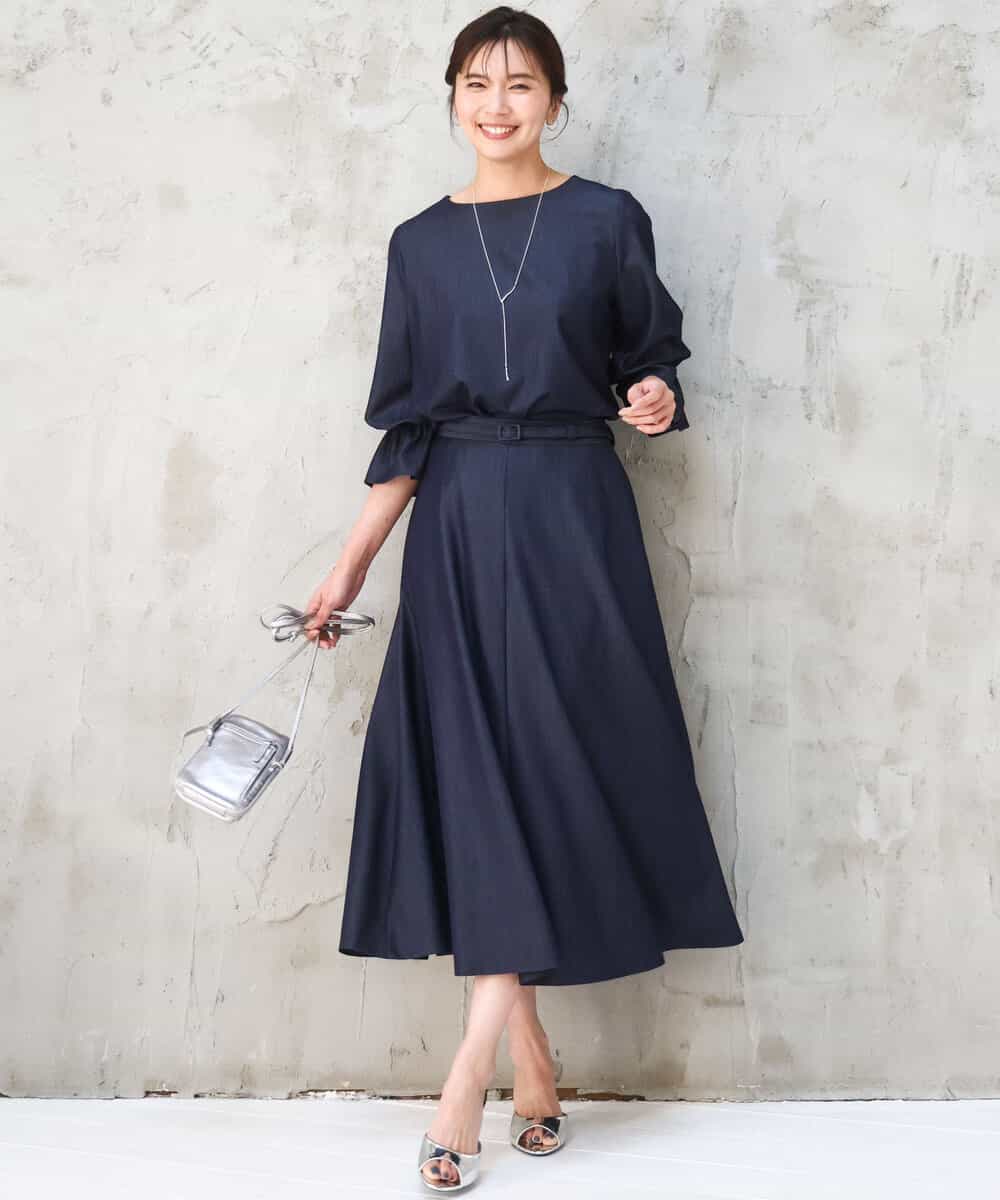 FKBGD36140 MK MICHEL KLEIN(MK ミッシェルクラン) [SANAGARAシリーズ]デニムライク キャンディースリーブブラウス/接触冷感/UVカット/洗える ネイビー