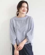 FKBGD37150 MK MICHEL KLEIN(MK ミッシェルクラン) ロールネック ギャザースリーブブラウス/接触冷感/洗える ネイビー（ストライプ）