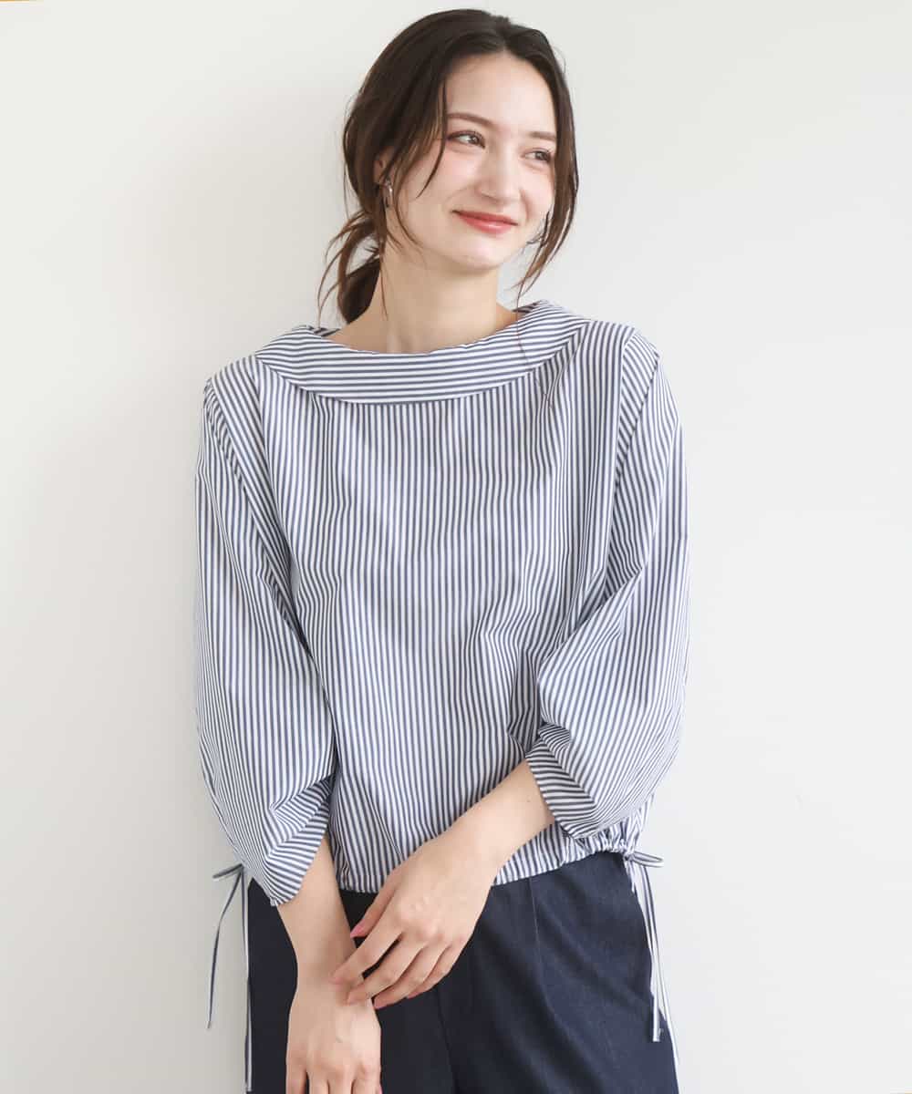 FKBGD37150 MK MICHEL KLEIN(MK ミッシェルクラン) ロールネック ギャザースリーブブラウス/接触冷感/洗える ネイビー（ストライプ）