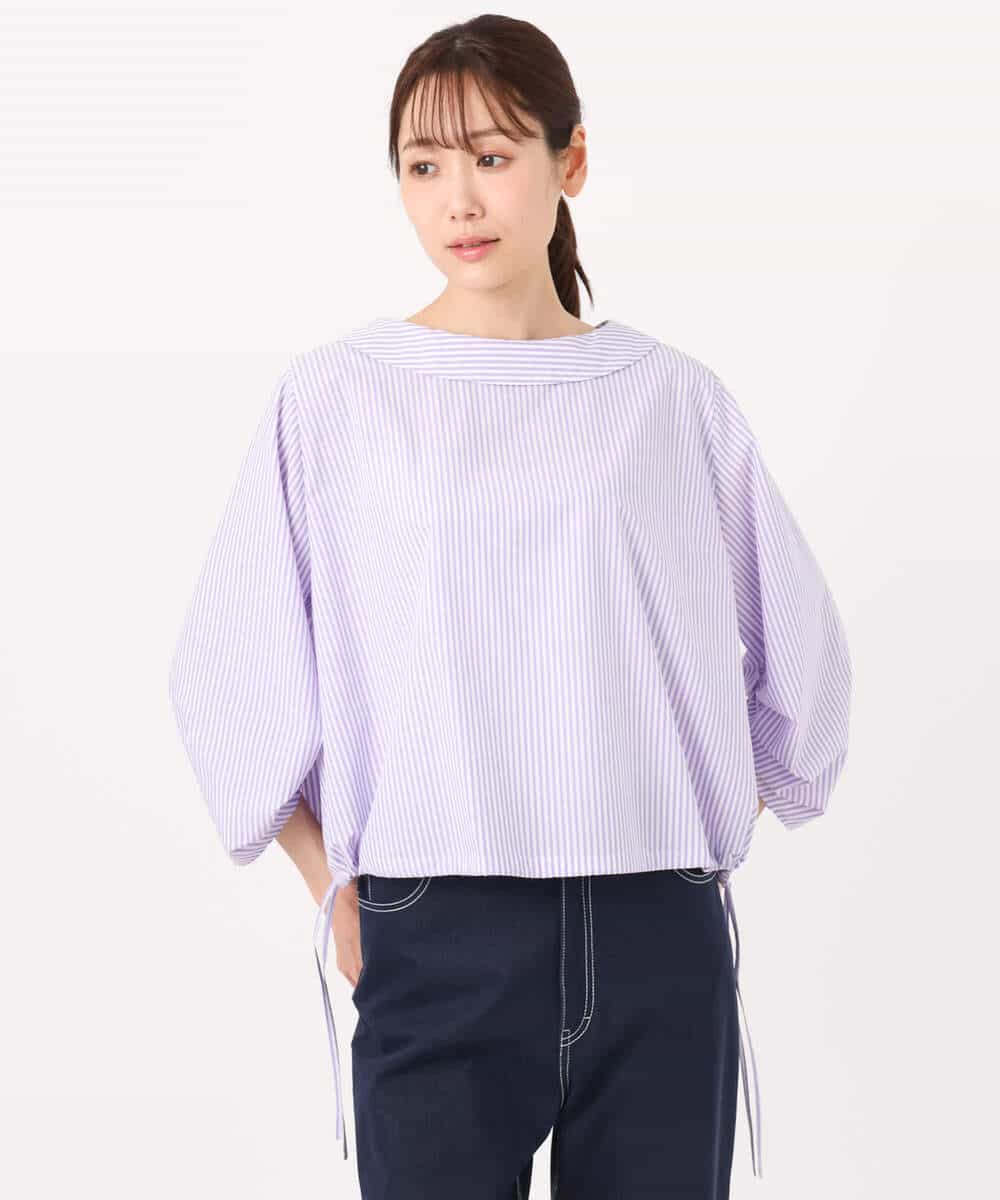 FKBGD37150 MK MICHEL KLEIN(MK ミッシェルクラン) ロールネック ギャザースリーブブラウス/接触冷感/洗える ラベンダー（ストライプ）