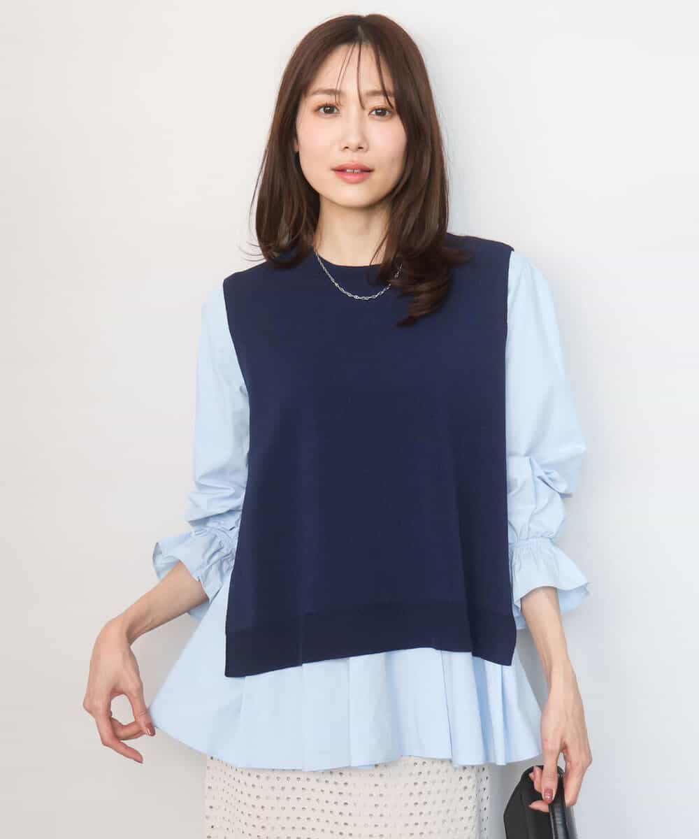 FKBGD38180 MK MICHEL KLEIN(MK ミッシェルクラン) キャンディースリーブブラウス×ニットベスト ツインセット/洗える ネイビー