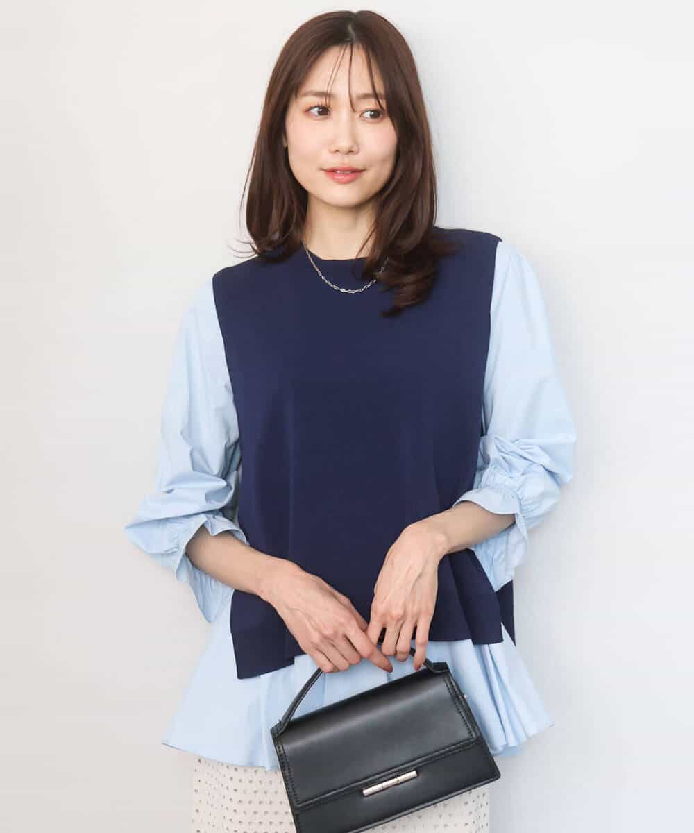 FKBGD38180 MK MICHEL KLEIN(MK ミッシェルクラン) キャンディースリーブブラウス×ニットベスト ツインセット/洗える ネイビー