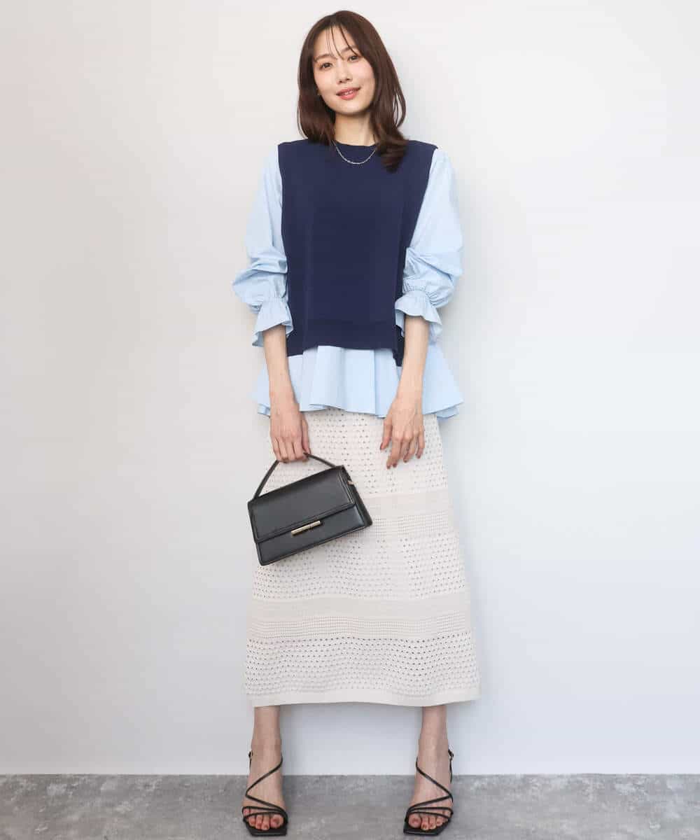 FKBGD38180 MK MICHEL KLEIN(MK ミッシェルクラン) キャンディースリーブブラウス×ニットベスト ツインセット/洗える ネイビー