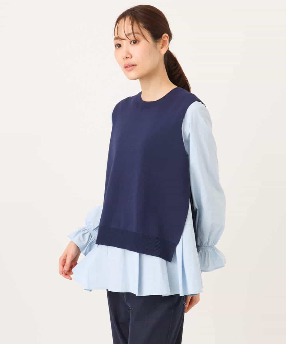 FKBGD38180 MK MICHEL KLEIN(MK ミッシェルクラン) キャンディースリーブブラウス×ニットベスト ツインセット/洗える ネイビー