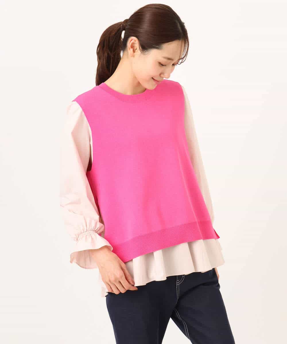 FKBGD38180 MK MICHEL KLEIN(MK ミッシェルクラン) キャンディースリーブブラウス×ニットベスト ツインセット/洗える ネイビー