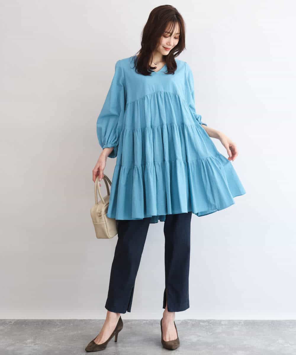 FKBGD40160 MK MICHEL KLEIN(MK ミッシェルクラン) [洗える]Vネックコットンシフォンチュニックブラウス ブルー