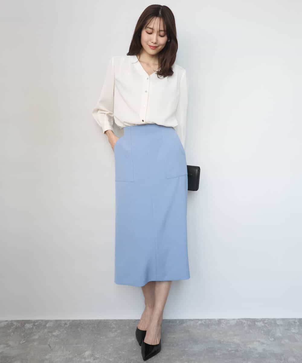 FKBGD46140 MK MICHEL KLEIN(MK ミッシェルクラン) Vネックサテンブラウス/洗える ミントブルー