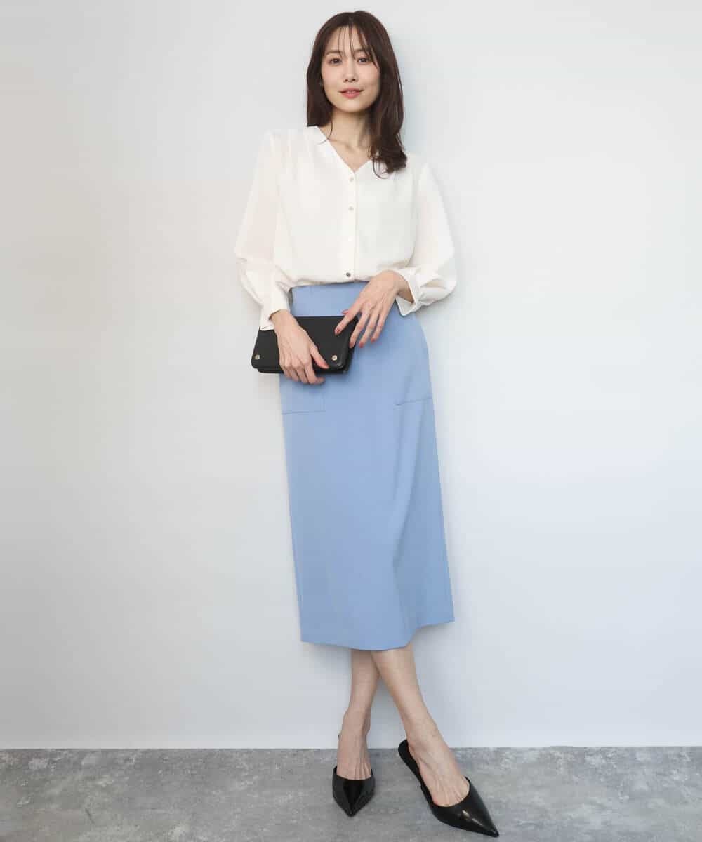 FKBGD46140 MK MICHEL KLEIN(MK ミッシェルクラン) Vネックサテンブラウス/洗える ミントブルー