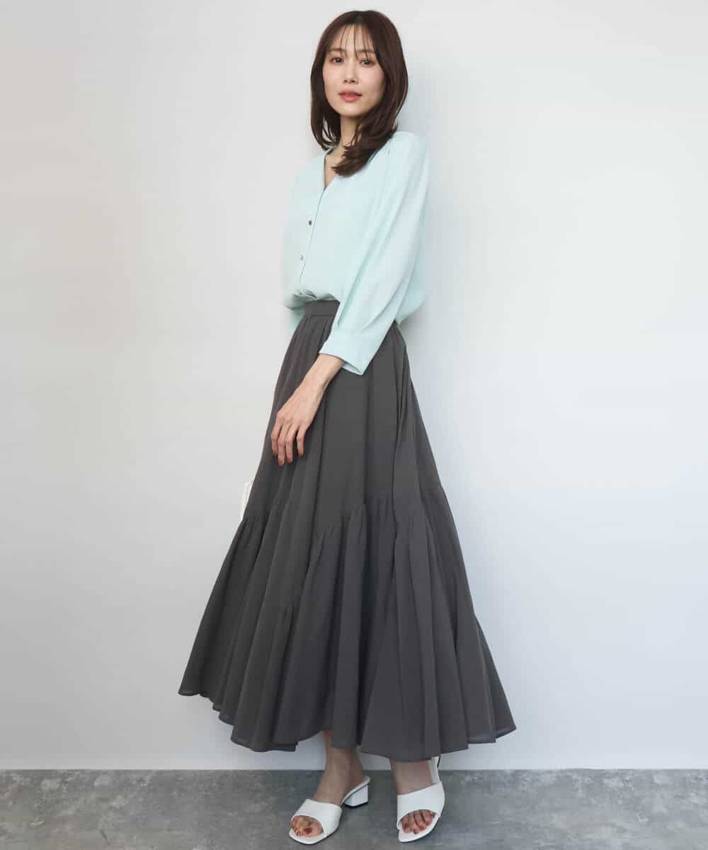 FKBGD46140 MK MICHEL KLEIN(MK ミッシェルクラン) Vネックサテンブラウス/洗える ミントブルー