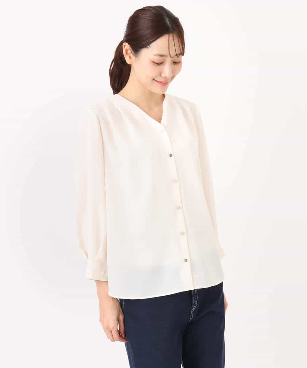 FKBGD46140 MK MICHEL KLEIN(MK ミッシェルクラン) Vネックサテンブラウス/洗える ミントブルー