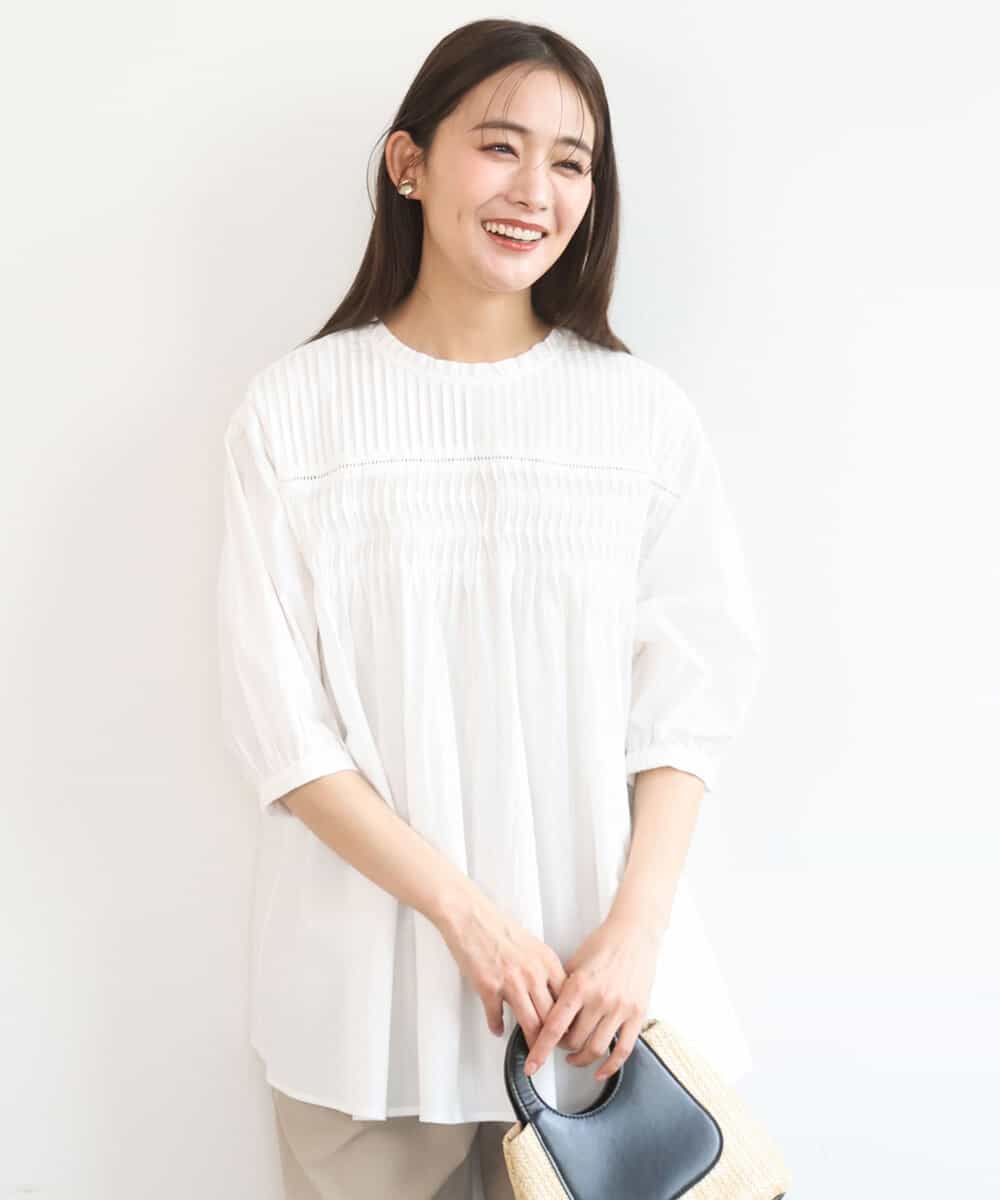 FKBGD48180 MK MICHEL KLEIN(MK ミッシェルクラン) コットンピンタックチュニックブラウス/洗える ホワイト