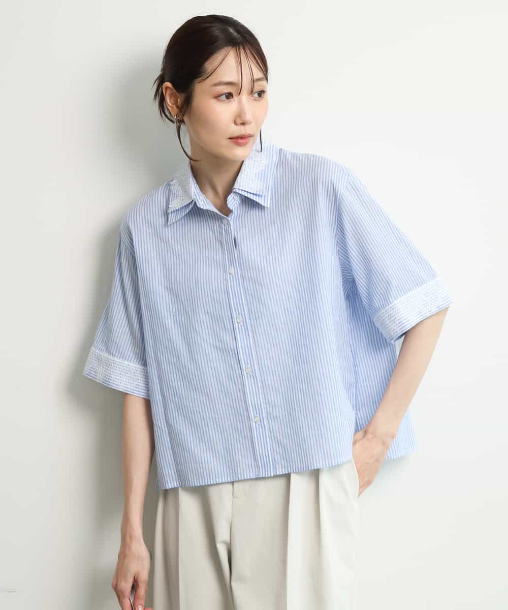 FKBGD50160 MK MICHEL KLEIN(MK ミッシェルクラン) [洗える]ストライプレース五分袖シャツブラウス ライトブルー