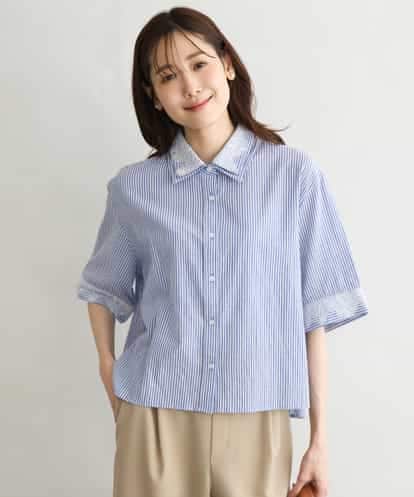 FKBGD50160 MK MICHEL KLEIN [洗える]ストライプレース五分袖シャツブラウス