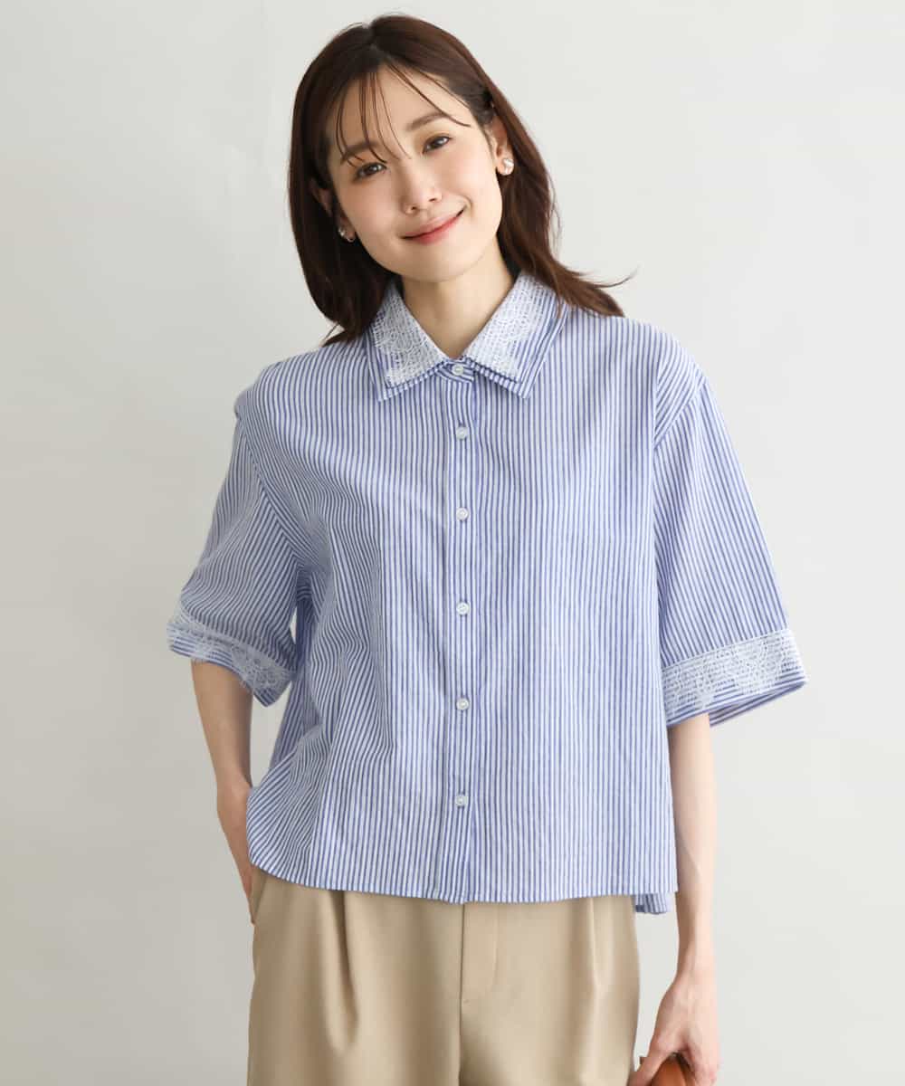 FKBGD50160 MK MICHEL KLEIN(MK ミッシェルクラン) [洗える]ストライプレース五分袖シャツブラウス ブルー