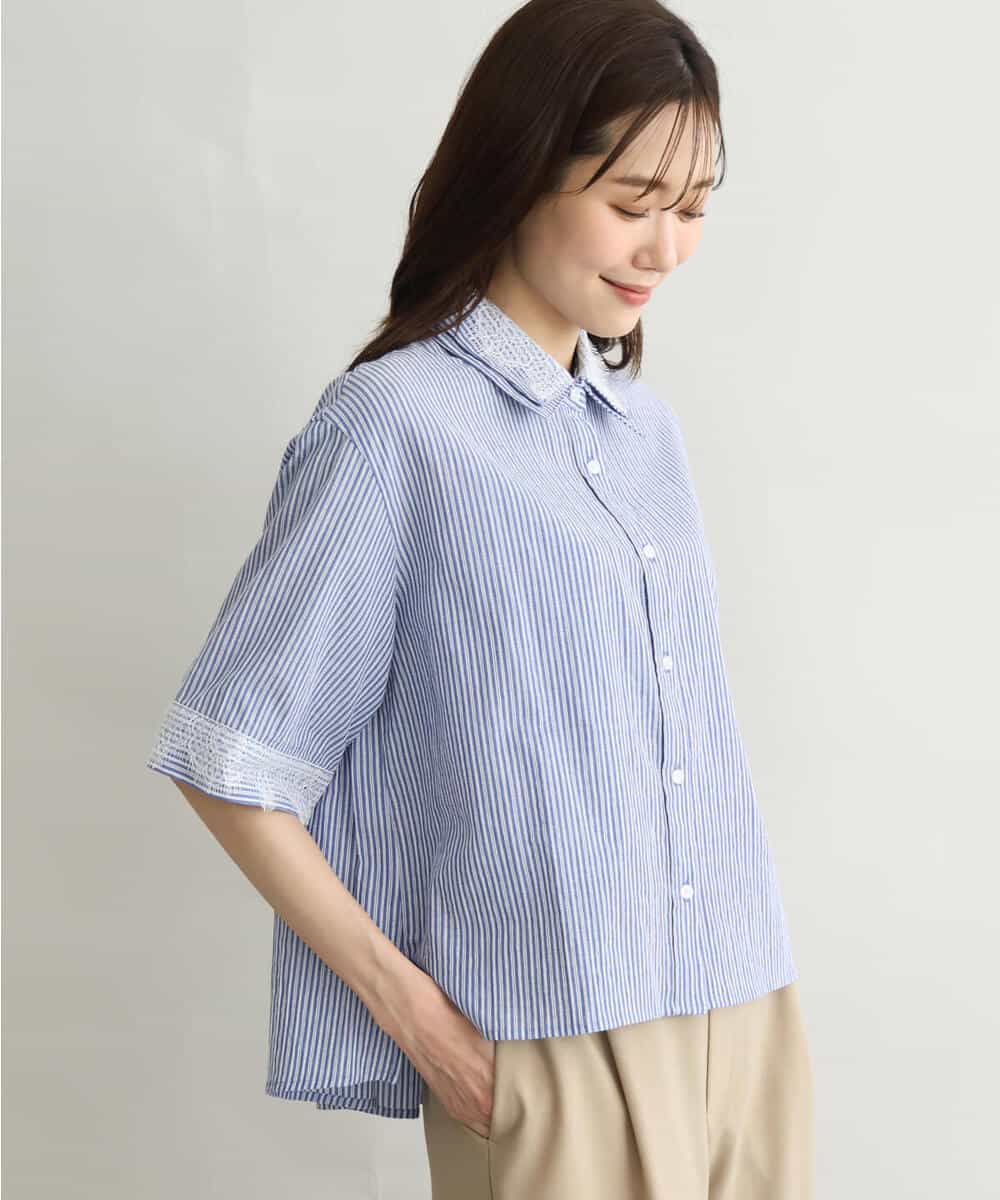 FKBGD50160 MK MICHEL KLEIN(MK ミッシェルクラン) [洗える]ストライプレース五分袖シャツブラウス ブルー