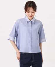 FKBGD50160 MK MICHEL KLEIN(MK ミッシェルクラン) [洗える]ストライプレース五分袖シャツブラウス ブルー