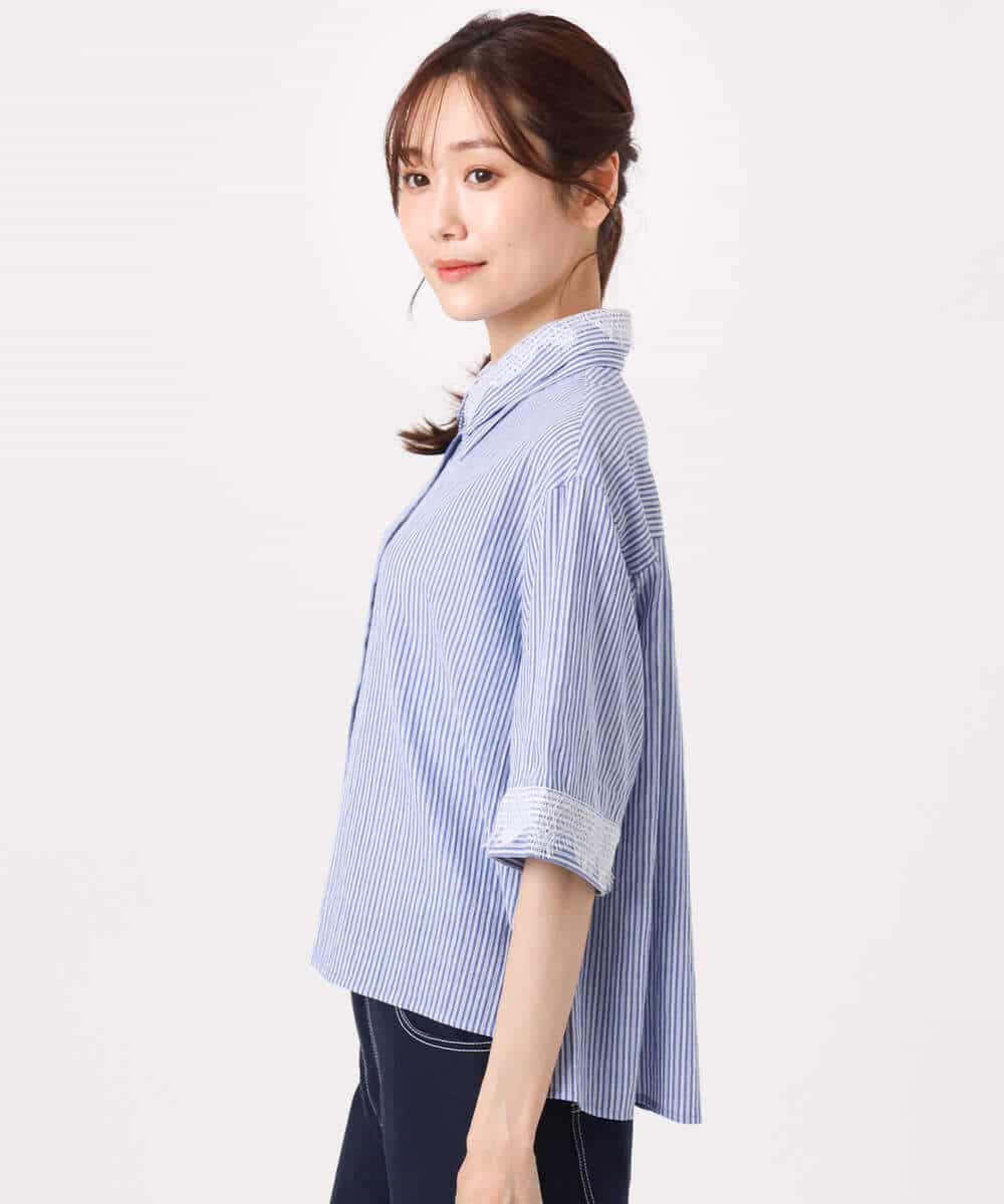 FKBGD50160 MK MICHEL KLEIN(MK ミッシェルクラン) [洗える]ストライプレース五分袖シャツブラウス ブルー