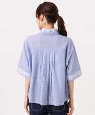 FKBGD50160 MK MICHEL KLEIN(MK ミッシェルクラン) [洗える]ストライプレース五分袖シャツブラウス ブルー