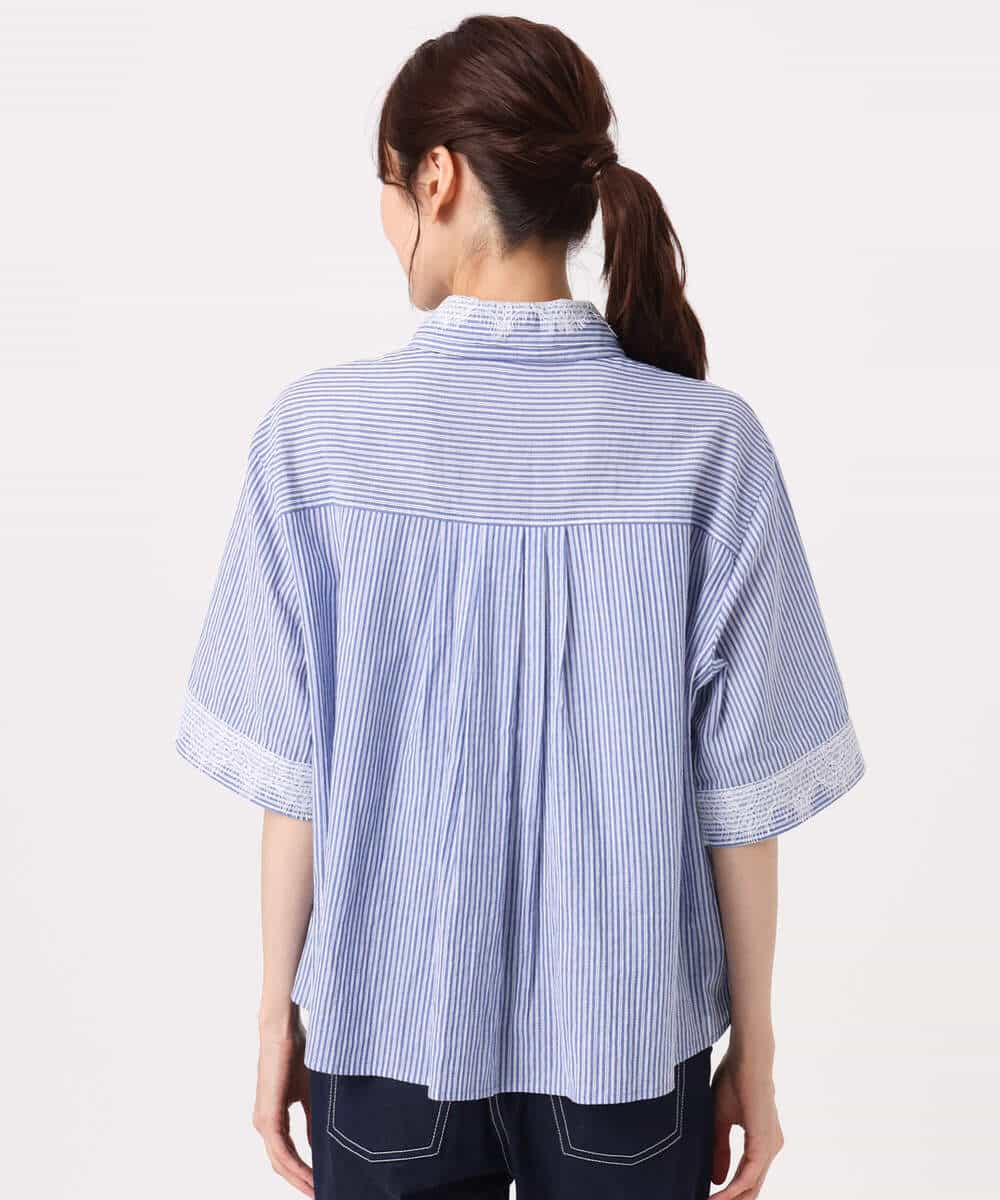 FKBGD50160 MK MICHEL KLEIN(MK ミッシェルクラン) [洗える]ストライプレース五分袖シャツブラウス ブルー