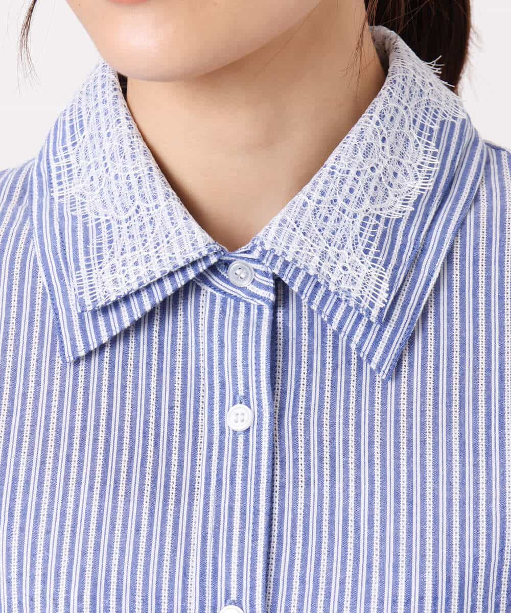 FKBGD50160 MK MICHEL KLEIN(MK ミッシェルクラン) [洗える]ストライプレース五分袖シャツブラウス ブルー