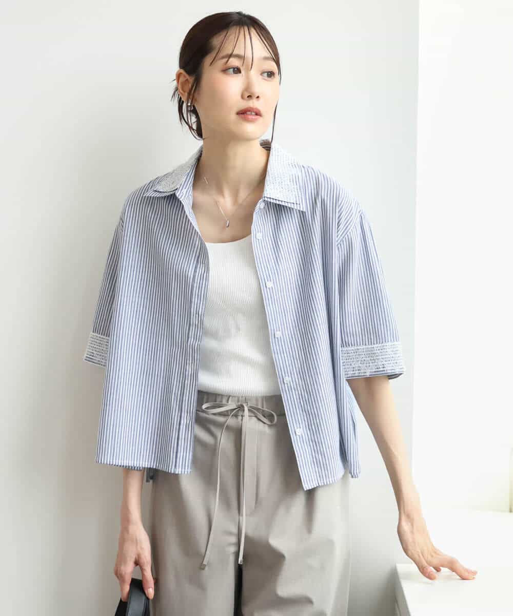 FKBGD50160 MK MICHEL KLEIN(MK ミッシェルクラン) [洗える]ストライプレース五分袖シャツブラウス ブルー