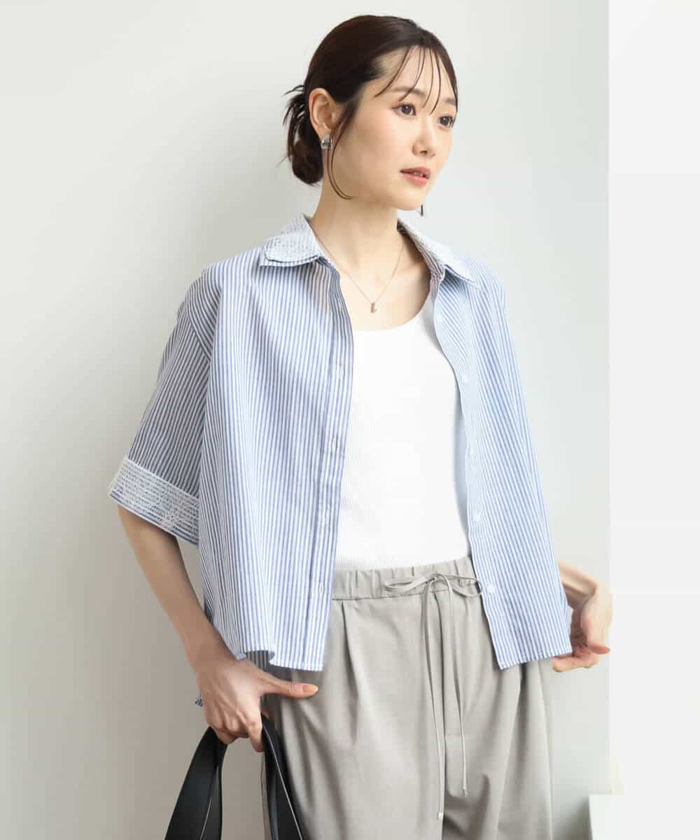 FKBGD50160 MK MICHEL KLEIN(MK ミッシェルクラン) [洗える]ストライプレース五分袖シャツブラウス ブルー