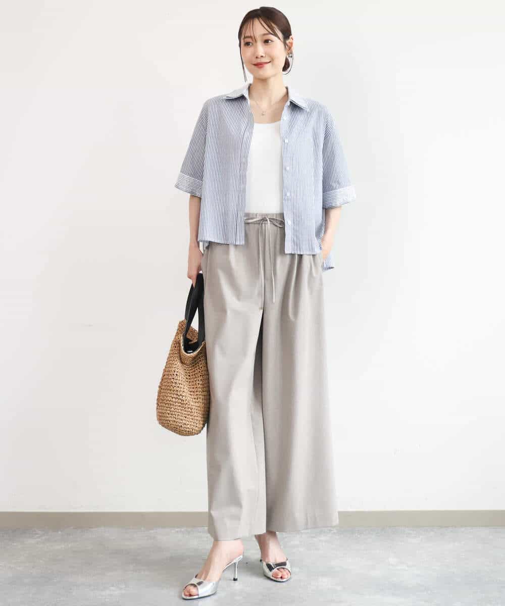 FKBGD50160 MK MICHEL KLEIN(MK ミッシェルクラン) [洗える]ストライプレース五分袖シャツブラウス ブルー