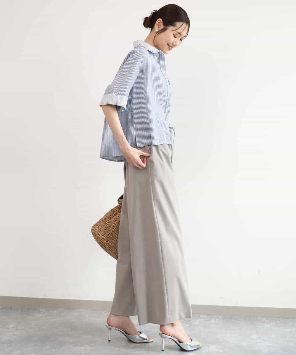 FKBGD50160 MK MICHEL KLEIN(MK ミッシェルクラン) [洗える]ストライプレース五分袖シャツブラウス ブルー