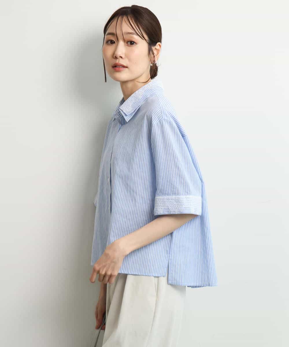 FKBGD50160 MK MICHEL KLEIN(MK ミッシェルクラン) [洗える]ストライプレース五分袖シャツブラウス ブルー